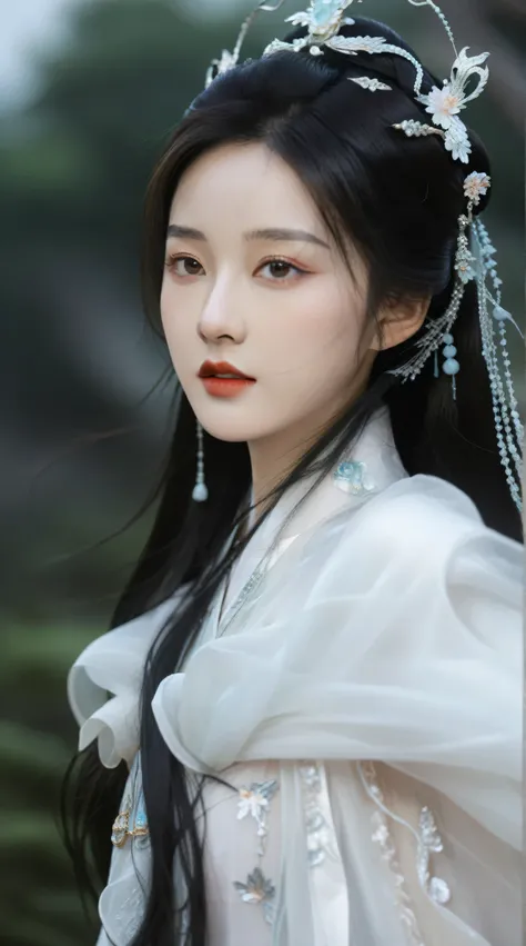Close-up of a woman in a white dress and tie, Inspired by Huang Ji, palace , Girl wearing Hanfu, Xianxia, Inspired by Wang Yuyan, , Full body fairy, Xianxia fantasy, Inspired by Zhang Yin, Inspired by Liu Yifei ,, Inspired by Little Dragon Girl