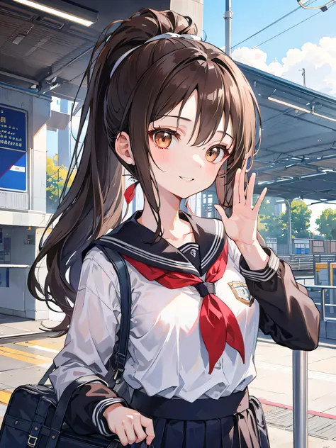  station platform,Waving,162cm,18 years old, ponytail brown hair waiting for the train,  Brown Eyes  , beautiful girls ,Above the waist, anatomically correct  , Attention to Details,Super detailed,  super high definition , textured skin,masterpiece, best q...