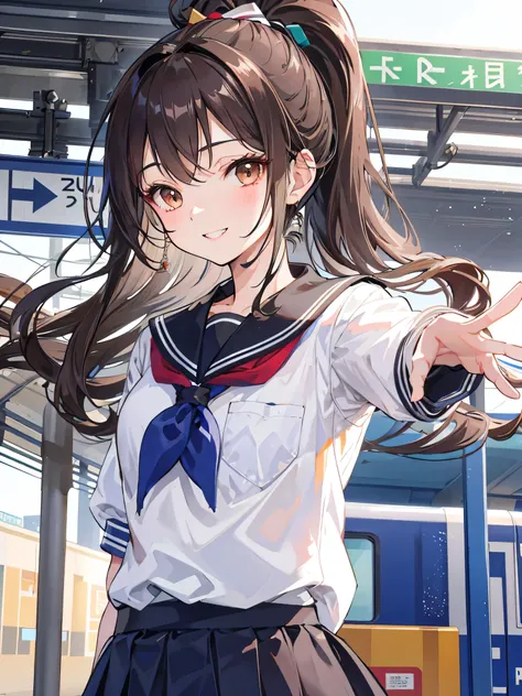  station platform,Waving,162cm,18 years old, ponytail brown hair waiting for the train,  Brown Eyes  , beautiful girls ,Above the waist, anatomically correct  , Attention to Details,Super detailed,  super high definition , textured skin,masterpiece, best q...