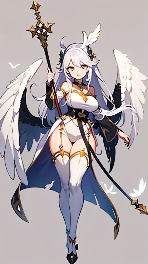 Teenage bird-girl with white feathers, round face, slightly plump figure, holding a staff and , standing tall with graceful wings, wearing a feather-themed outfit, with a composed and mature expression in a mythical animated style