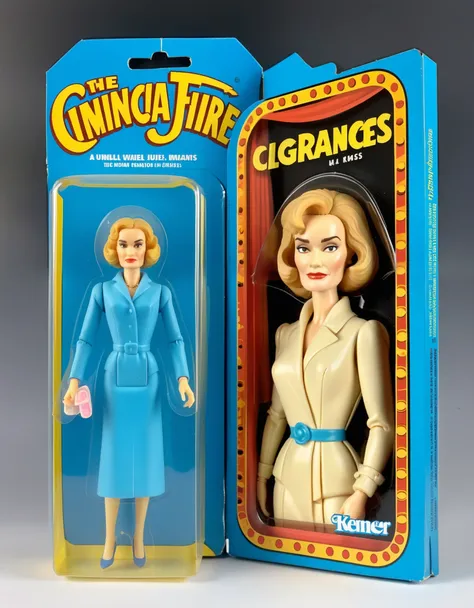 Jessica Lange meticulously highly detailed, photo-realistic image of a Jessica Lange figure, packaged in a cool box. The packaging prominently features a cartoon illustration of a Jessica Lange characterized by exaggerated features and a signature expressi...