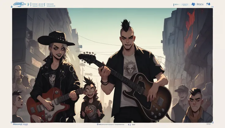  an illustration for a punk rock concert poster,SOMENTRE DASHES, comic book style, urban art,  with 3 characters ,  a boy in a hat holding a bottle ,  a mohawk boy singing in the micron ,  a black woman with a guitar ,  speakers in the background ,  handma...