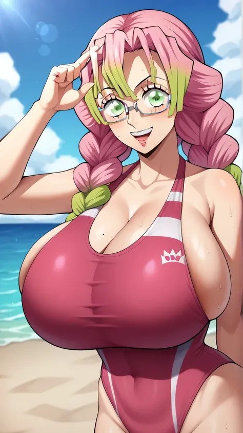 score_7_up, BREAK source_anime, KMitsuriV4XL, 1girl, solo, slight smile, ),gigantic breasts ,wear one piece Swimsuit,Beach background,wear glasses,sexy pose