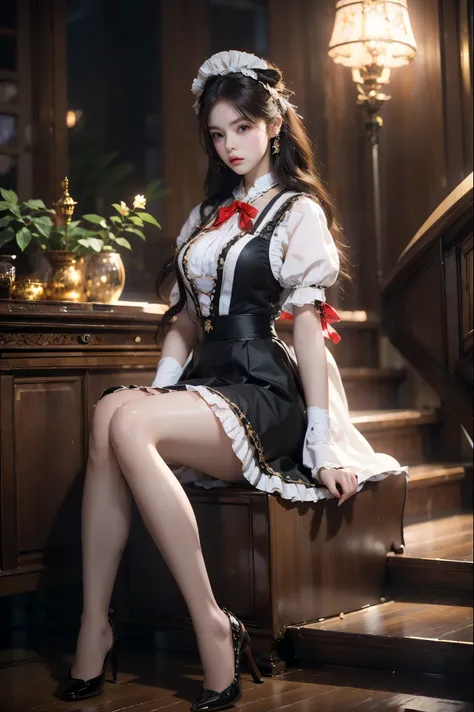 (8K, RAW photo, Photorealistic_1.4)， high resolution, 1 Women, Solo,。.。.。.3D，Sitting,(Lolita costume)，Wear a flowing skirt， Beau