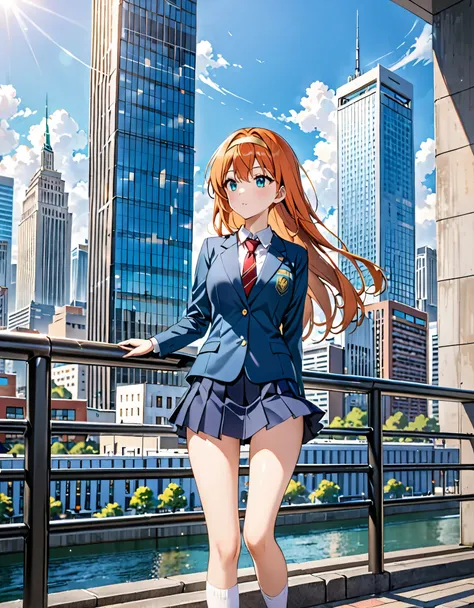 best quality, masterpiece, hires, young woman, orange hair, long hair, golden headband, aqua eyes, school uniform, blue blazer, red necktie, pleaded skirt, miniskirt, white socks, brown shoes, city background, daytime, (bare legs:1.2), looking away, 8k, st...