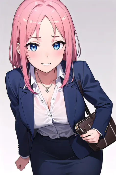 1girl,Samus aran,solo,blue eyes, pink hair, forehead hair, (glossy Navy tailored jacket:1.2), (white see-through blouse:1.2), grey pencil skirt, black pumps, pearl necklace, beige tote bag, professional and elegant look, cowboy shot,blush,,Science fiction,...