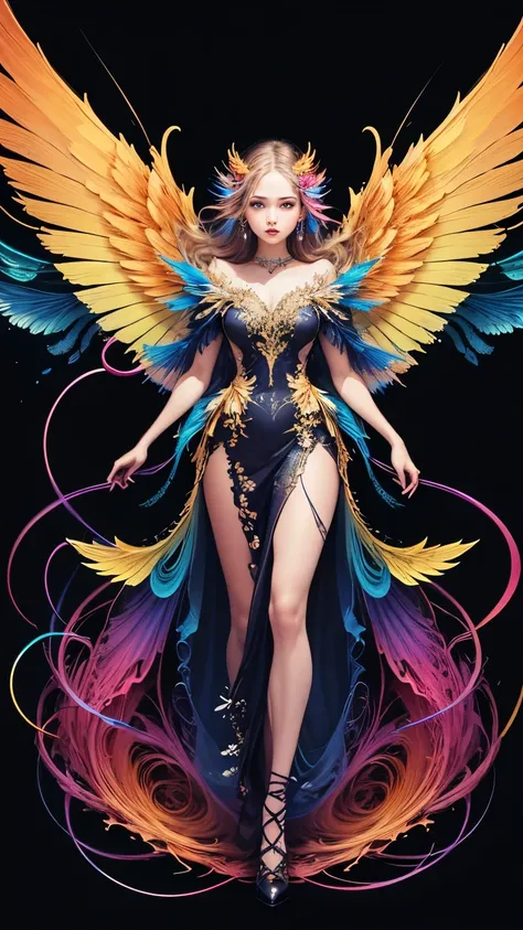 (Official Art, beautiful、And aesthetic :1.2), ( 1 girl:1.3),( Fractal Art :1.1),(colorful:1.1)(flower:1.3), Highest detail,(Tangled:1.2), Full Body, ( abstract background :1.3), ( shiny skin), (Multicolor:1.4), ,( earrings), (Wings:1.5),