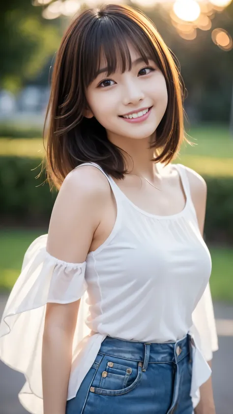 masterpiece, best quality , super high definition, Super detailed, Sharp focus, 1 girl, Alone, amazingly beautiful and sexy Japanese model in check shirt, Age 19, viewers almost at night:1.3, (bright smile:0.6), Of the check shirt (blouse), dusk, su...