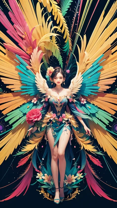 (Official Art, beautiful、And aesthetic :1.2), ( 1 girl:1.3),( Fractal Art :1.1),(colorful:1.1)(flower:1.3), Highest detail,(Tangled:1.2), Full Body, ( abstract background :1.3), ( shiny skin), (Multicolor:1.4), ,( earrings), (Wings:1.5),