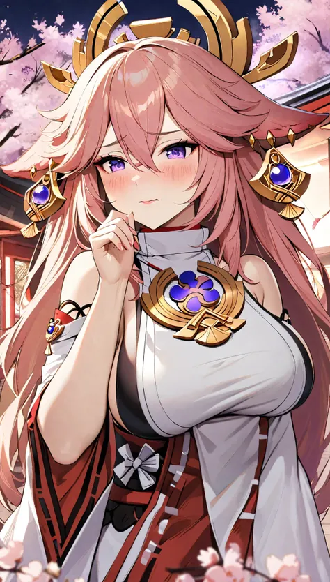 NSFW,masterpiece,Best Quality, High Resolution , very detailed ,Yae Miko\(Genshin Impact\),Hair accessories、kimono、Sleeveless、Wide sleeves、gem、 earrings、Shoulder Bare,Big Breasts,Erect nipples,Shrine with cherry blossoms in full bloom at night,Embarrassed,blush