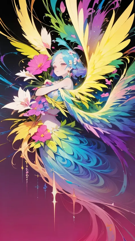 (Official Art, beautiful、And aesthetic :1.2), ( 1 girl:1.3),( Fractal Art :1.1),(colorful:1.1)(flower:1.3), Highest detail,(Tangled:1.2), Full Body, ( abstract background :1.3), ( shiny skin), (Multicolor:1.4), ,( earrings), (Wings:1.5),