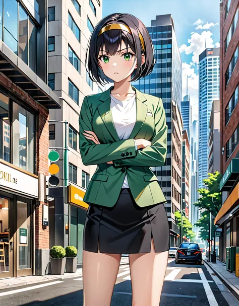 masterpiece, best quality, high res, young woman, black hair, short hair, bob hair, golden headband, green eyes, green skirt suit, suit jacket, white t-shirt, black pencil skirt, miniskirt, black shoes, high heels, city background, daytime, (bare legs:1.2)...