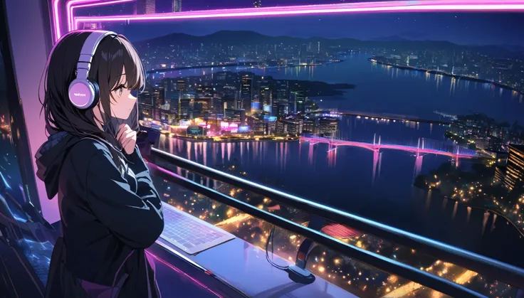 A girl with dark hair is watching the lake on a bridge at night in Tokyo, The city lights shining in the distance and the neon light reflected on the surface of the river are beautiful,Music playing from headphones 