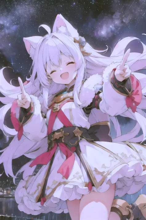 6+ ,  multi-colored fur ,  random heroine costume ,  random cute face ,  game heroine , Very happy smile, Open your mouth, Close your eyes, Group photo, , peace sign, Happy ending ,  starry night sky