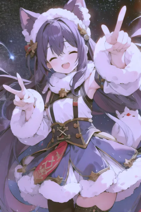 6+ ,  multi-colored fur ,  random heroine costume ,  random cute face ,  game heroine , Very happy smile, Open your mouth, Close your eyes, Group photo, , peace sign, Happy ending ,  starry night sky