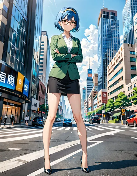 masterpiece, best quality, high res, young woman, blue hair, short hair, bob hair, golden headband, brown eyes, glasses, green skirt suit, suit jacket, white t-shirt, black pencil skirt, miniskirt, black shoes, high heels, city background, daytime, (bare l...