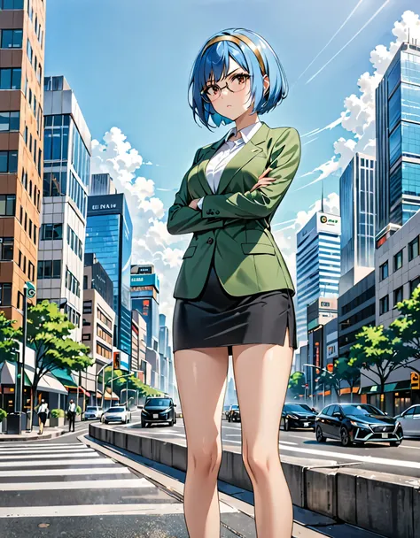 masterpiece, best quality, high res, young woman, blue hair, short hair, bob hair, golden headband, brown eyes, glasses, green skirt suit, suit jacket, white t-shirt, black pencil skirt, miniskirt, black shoes, high heels, city background, daytime, (bare l...