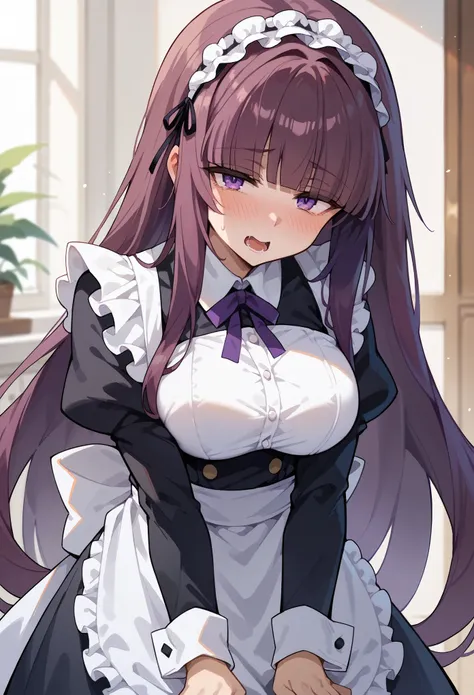 eta, purple hair, blunt bangs,large breast,, long hair,split,blush,uneven eyes,orgasm,((blush)),,naughty face,maid uniform,appro...