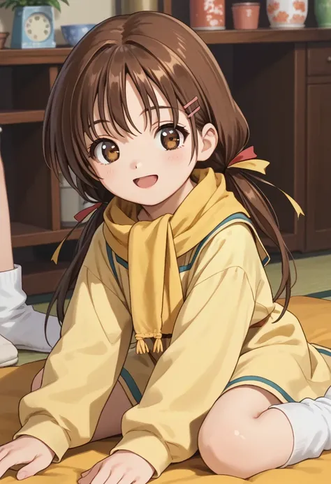 indoors,
smile,open mouth,
solo,
AyumiHayami,1girl,brown hair,hairclip,low twintails,hair ribbon,brown eyes,
yellow scarf,yellow dress,long_sleeves,frill,
loose_socks,white socks,
on stomach,