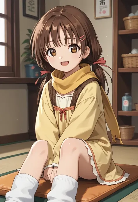 indoors,
smile,open mouth,
solo,
AyumiHayami,1girl,brown hair,hairclip,low twintails,hair ribbon,brown eyes,
yellow scarf,yellow dress,long_sleeves,frill,
loose_socks,white socks,
sitting,