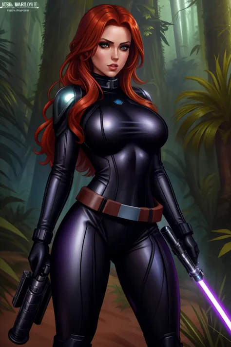 star wars based environment, mara jade, is depicted wearing her sleek, tight black leather suit. as she holds her purple lightsa...