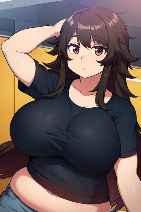 chubby big breasts black hair brown eyes long messy hair derdere