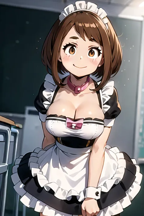 ochaco uraraka, big breasts, ((maid dress)), (((cleavage))), leaning forward, suggestive smile, ((close up)), classroom, brown h...