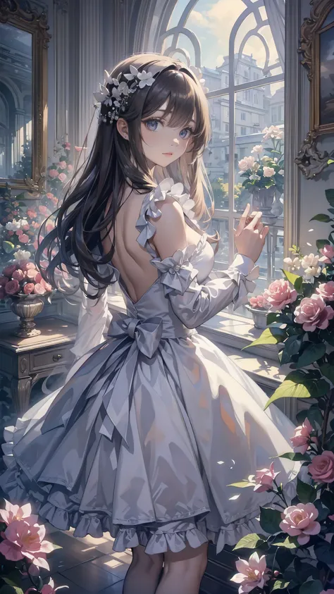  masterpiece ,  The best quality , peaceful,  dream environment , its length, wavy dark Hair flows down her back,   A pink and white dress like that  、  captures the breeze  ,   her big pink eyes blend harmoniously with the background  、  is full of gentle...
