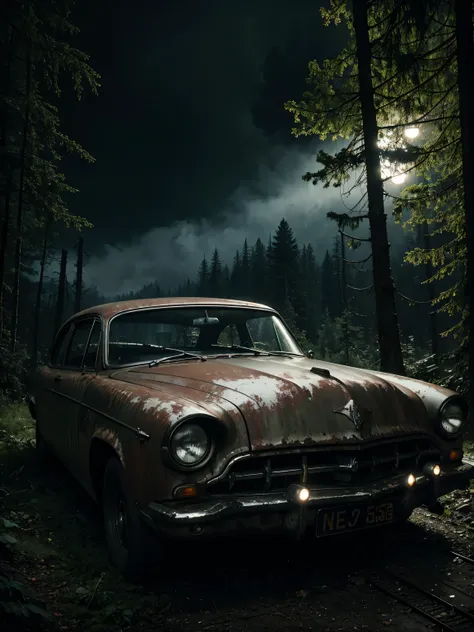 detailed vintage car in a dark forest at night, car repair shop, old rusty car parked, headlights on, dark cloudy sky, spooky tr...