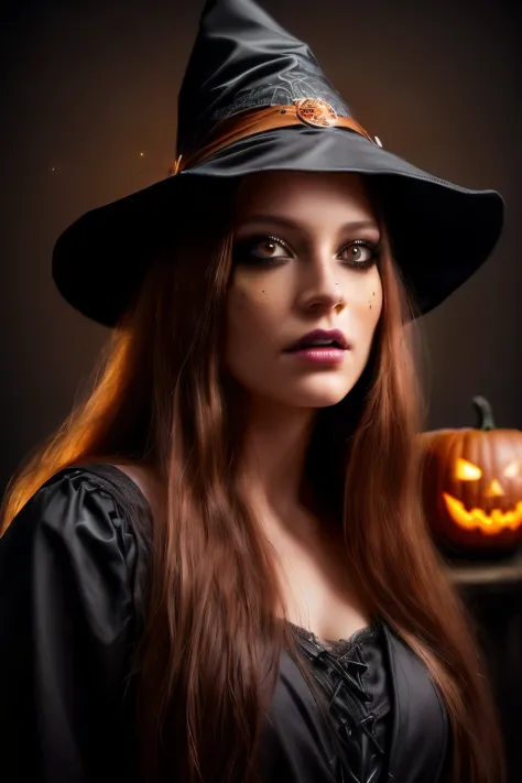 a young witch at a halloween ghost party, 1girl, beautiful detailed eyes, beautiful detailed lips, extremely detailed face and features, long eyelashes, intricate detailed costume, witch hat, broomstick, haunted house, full moon, spooky trees, glowing jack...