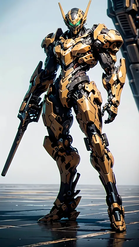 (masterpiece:1.5, best quality:1.5, extremely delicate:1.5, dynamic angle:1.5), ((male:1.5)), Biomimetic humanoid Mecha, green eyes, fully enclosed shoulder guards, matching arm and leg guards, gemstone, full body, full armor, the design balances heavy wit...