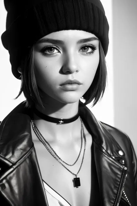 Face close up, alternative girl, watching over black sunglasses, jacket, necklace, neon light reflections on skin, ear ring, makeup, skin imperfection, short hair, beanie, neon lights background, low light, depth of field, highly detailed, high contrast, f...