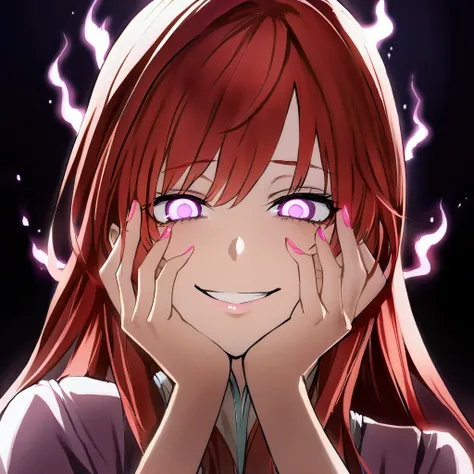 girl,solo,half body,flaming purple eyes, red hair,long hair,mocking expression,grin,yandere,dark background