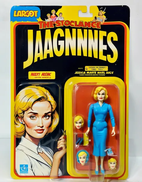 Jessica Lange meticulously highly detailed, photo-realistic image of a Jessica Lange figure, packaged in a cool box. The packaging prominently features a cartoon illustration of a Jessica Lange characterized by exaggerated features and a signature expressi...