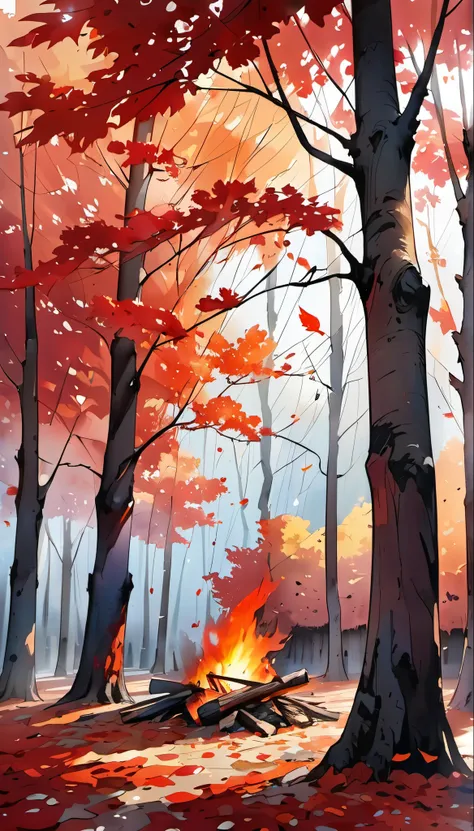 conceptual installation landscape artwork, fusion of watercolor and acrylic paintings, autumn, dead trees, fallen leaves, fallen chestnuts, bonfire, falling leaves, wind effects, background crimson, delicate and dynamic textures, contrasts of light and sha...