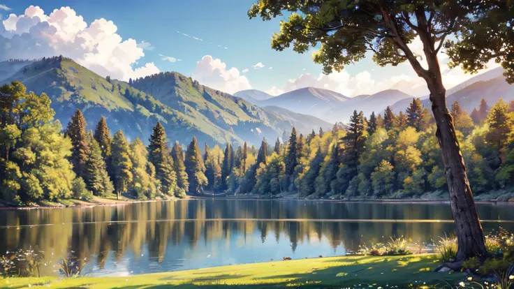 a serene landscape, beautiful detailed hills, lush green meadows, peaceful lake with calm water, fluffy white clouds in the sky,...