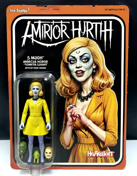 American Horror Story AHS meticulously highly detailed, photo-realistic image of a American Horror Story AHS figure, packaged in a cool box. The packaging prominently features a cartoon illustration of a American Horror Story AHS characterized by exaggerat...