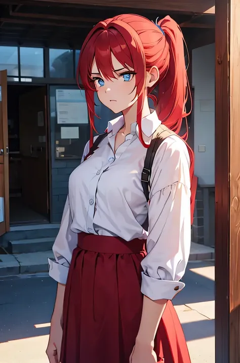 tired woman, red hair, ponytail, shirt and long skirt, blue eyes