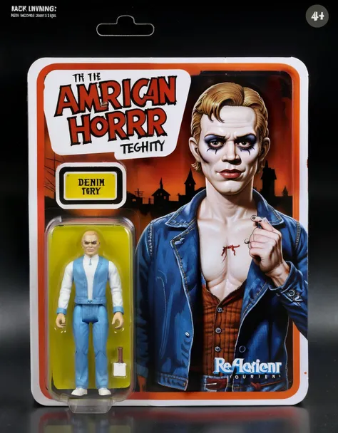 American Horror Story AHS meticulously highly detailed, photo-realistic image of a male American Horror Story AHS figure, packaged in a cool box. The packaging prominently features a cartoon illustration of a American Horror Story AHS characterized by exag...