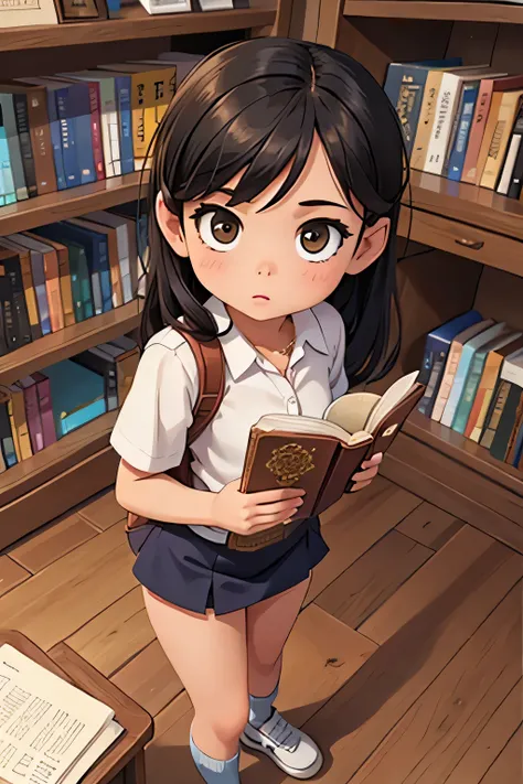 A young girl in a book store wearing a miniskirt and holding a stack of books