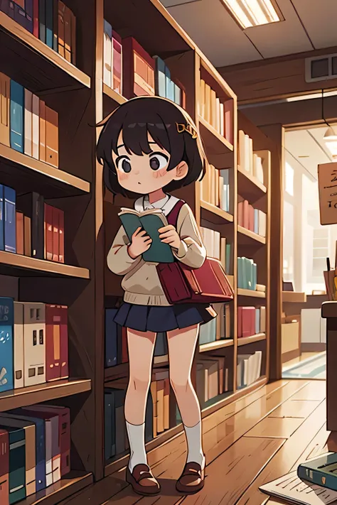 A young girl in a book store wearing a miniskirt and holding a stack of books