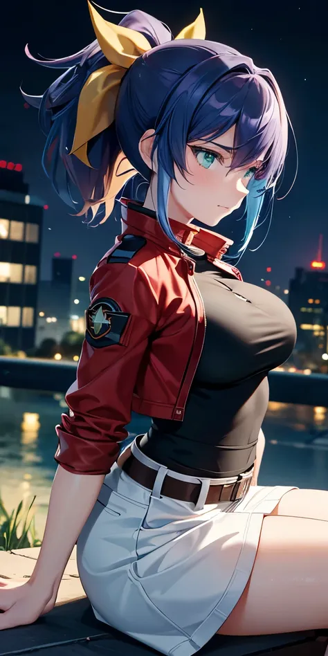 1 Female,High definition,high resolution,Ultra-realistic,8K, aaserena, ponytail,(multicolored hair),green eyes,red jacket,black shirt,belt,white skirt, tight skirt, miniskirt,European,sexy,Upper body close-up,Photographed from the front,Dynamic Angles,priv...