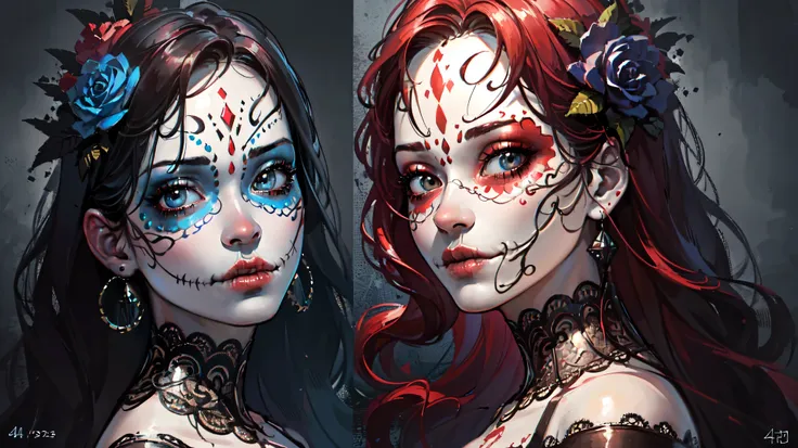 a beautiful catrina with intricate face paint, long red hair, wearing an elegant black dress, set against a color ful, catrinama...