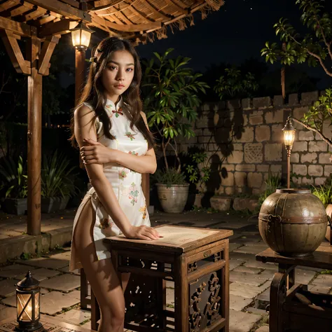A photo of a beautiful girl in a traditional Chinese dress looking at ancient chinese book under lamp on a low table in garden surrounded by old walls in a peaceful night,((her right hold a pen and her left hand place on table)),((masterpiece)),realistic,4...
