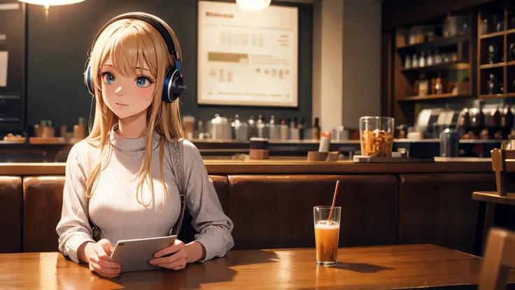 Girl listening to music with headphones in a cafe, perfectly detailed face, perfectly detailed figure, correct posture of her body, illuminated environment, long hair, casual clothes , 4K definition