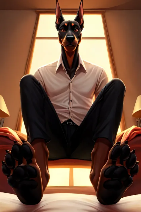 handsome, doberman sitting on bed, scruffy fringe, wearing a pale white buttoned shirt, ,eyes with a mischievous glint, brown eyes, average build, good eyes, warm lighting, 8k semi realistic, low angle, small grin, foot paw (4 toes ) ((small claws on toes)...