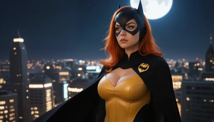 The image shows Beautiful and young woman dressed as Batgirl with Batmans golden shield in the center of her chest, her massive breasts peeking out from her cleavage, standing in front of a city skyline at night with a full moon in the background. She is w...