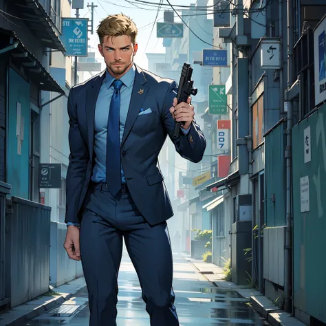 1 man, male focus solo,45 yo man,Stephen AMELL as private investigator,  lean muscle, blue shirt, marine blue businessman suit ,( tie) ,( huge bulge with visible cock bulge ), full body shot, dark blond short hair, well groomed facial hair, holding a gun w...