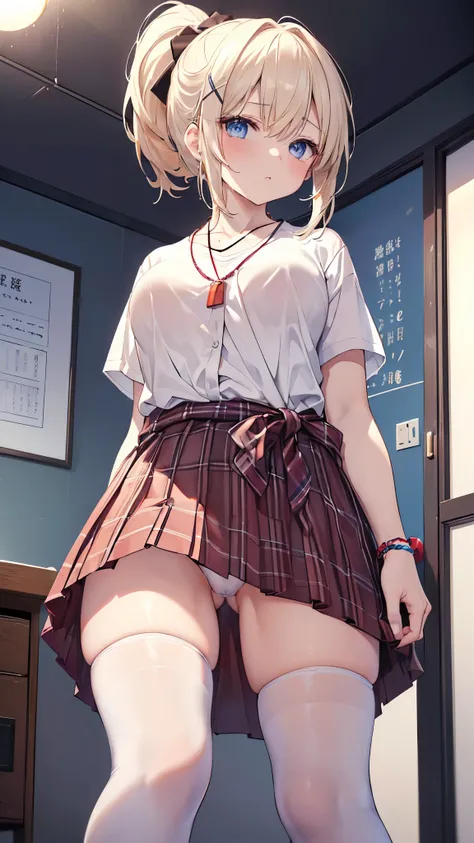 (From below:1.8)、(SEX FROM :1.8)、( white panties to be covered:1.3),、(  school uniform:1.3), (plain white clothes around the waist :1.5), (Western Knot:1.3), ( white color ed-shirt:1.4), (( white color ,  button, Short sleeve):1.2), (  red plaid pleated sk...