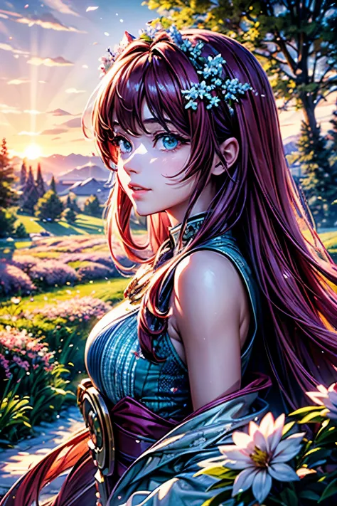 masterpiece, best quality, ultra-detailed, 1girl, detailed water, long hair, corkscrew curls, red hair, light grey eyes, (close-up), maple trees, everywhere mistletoe, gorgeous, maple and spruce trees, cherry, cherry tree, smile, view from front, wolf ears, snowy background, science fiction, multiple tails, Tall evergreens stand tall and proud, their branches weighed down by heavy snow, volumetric lighting AND masterpiece, best quality, high quality, extremely detailed CG unity 8k wallpaper A vibrant spring landscape, bursting with new life and color. Rolling hills are covered with a carpet of green, dotted with delicate wildflowers in shades of pink, purple, and yellow, volumetric lighting